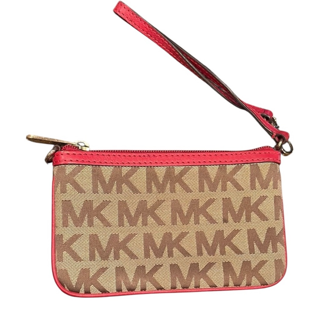 Michael Kors Monogram Khaki Red Leather Trim Small Zip Wristlet Wallet Coin